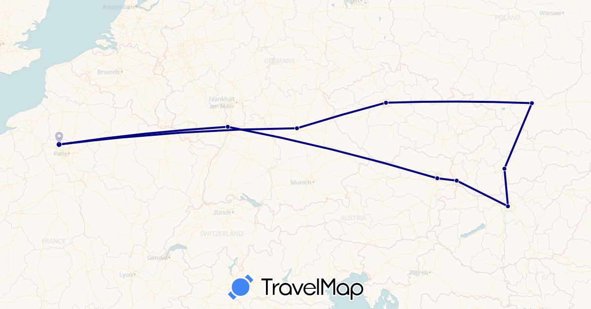 TravelMap itinerary: driving in Austria, Czech Republic, Germany, France, Hungary, Poland, Slovakia (Europe)